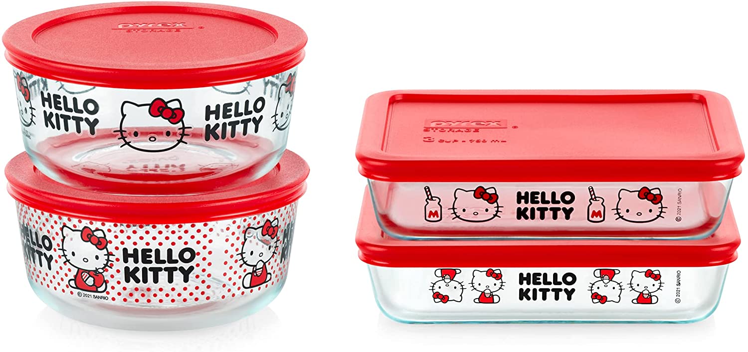 Pyrex Hello Kitty Sanrio 4 Cup Glass Food Storage Bowl Red Lids
